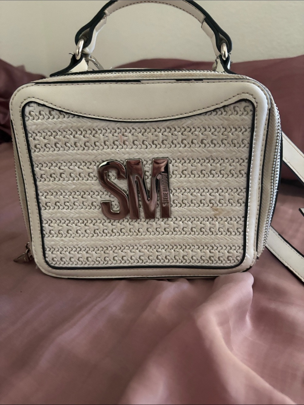 Steve Madden White Woven SM Logo Crossbody Bag